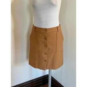 Eddie Bauer Mercer Tan Brown Camel Wool Skirt 2 Pockets Button Tweed Mini Belt